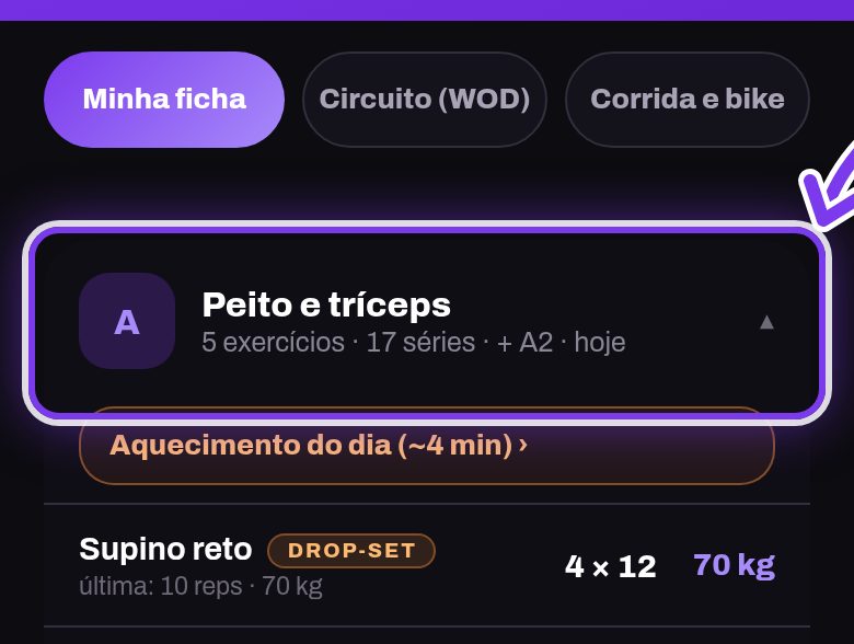 A gaveta da ficha do dia na área Treinos