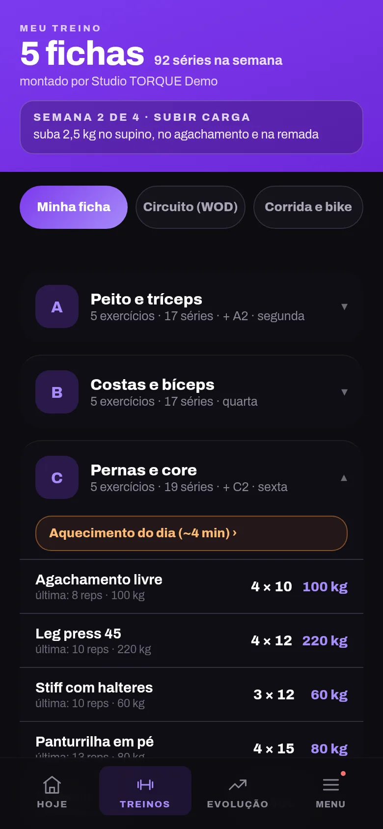 Lista de fichas e semana atual no aplicativo do aluno