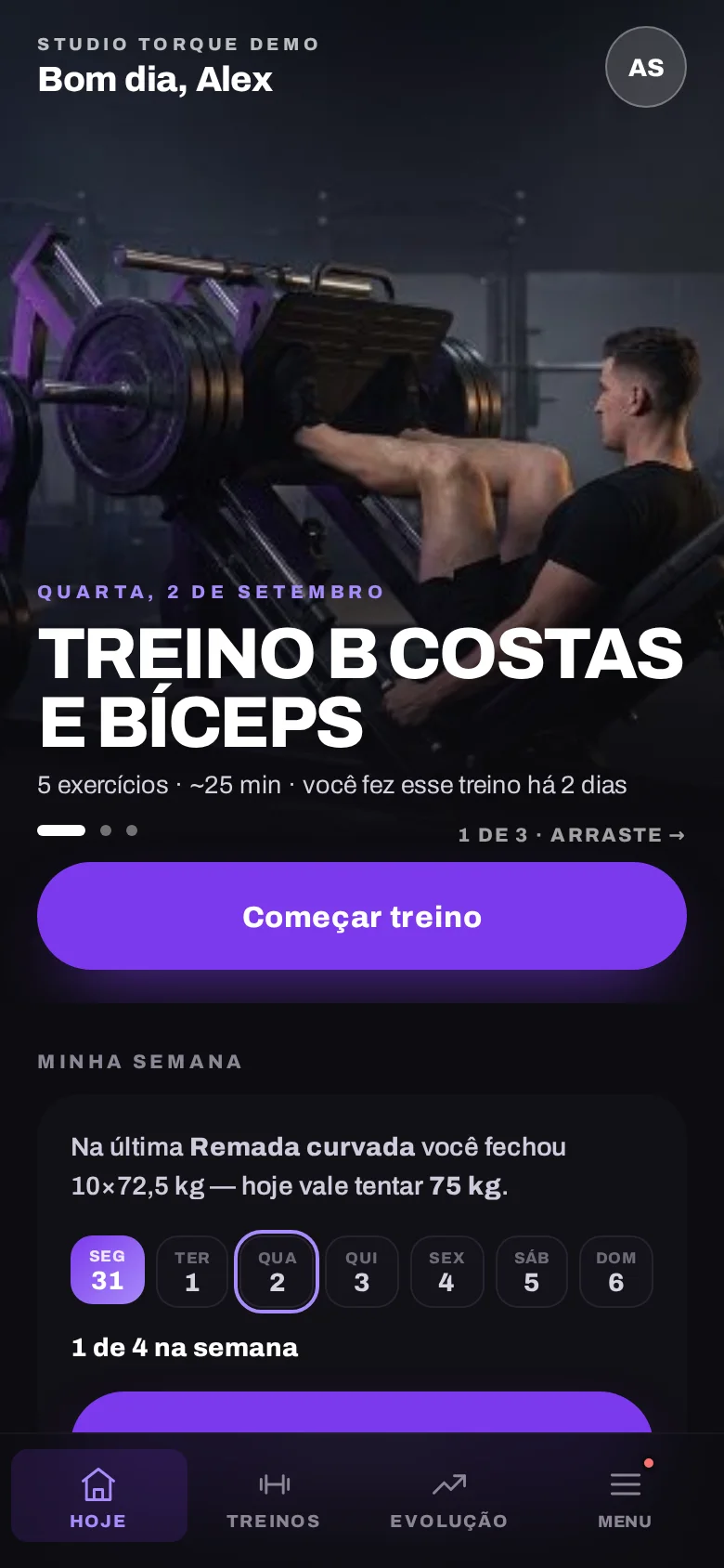 Tela inicial do aplicativo do aluno com treino do dia e progresso da semana