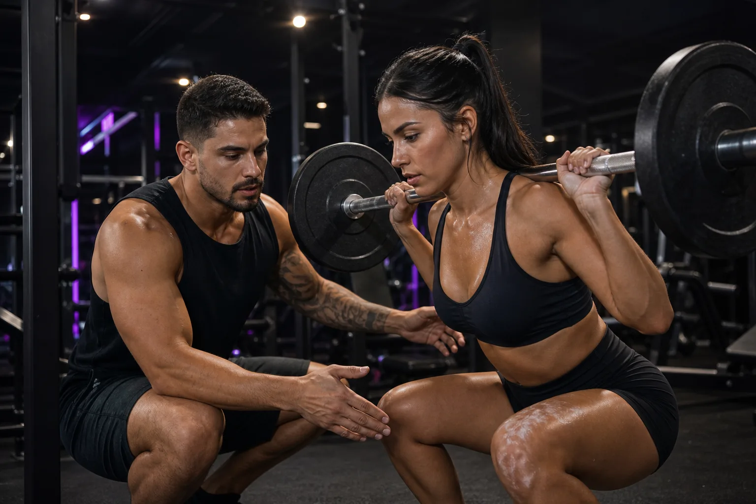 Personal trainer acompanhando uma aluna durante o treino
