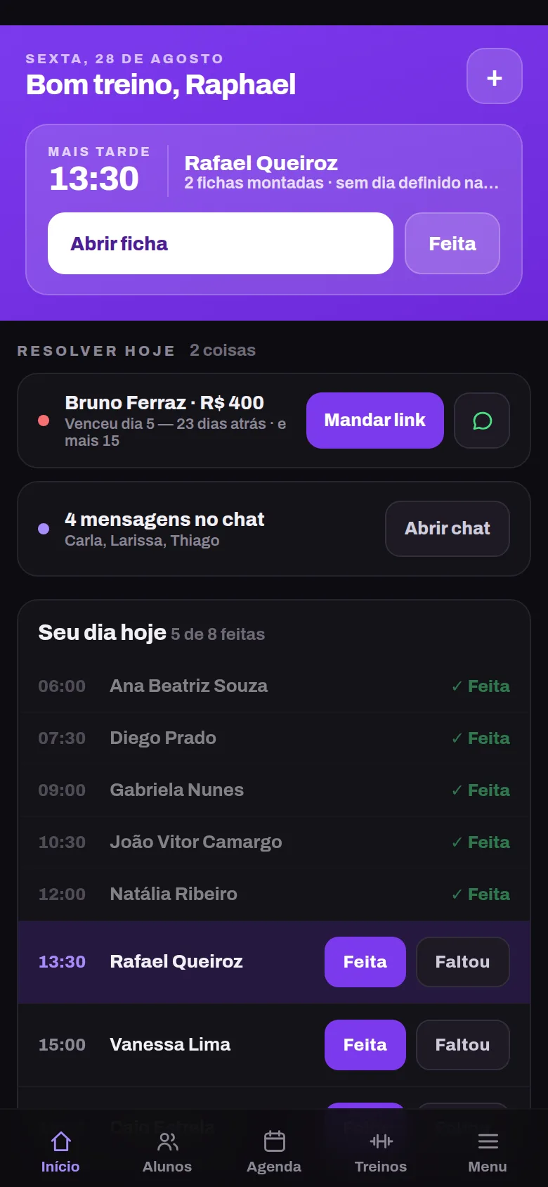 Painel inicial com a próxima sessão e a lista Resolver hoje