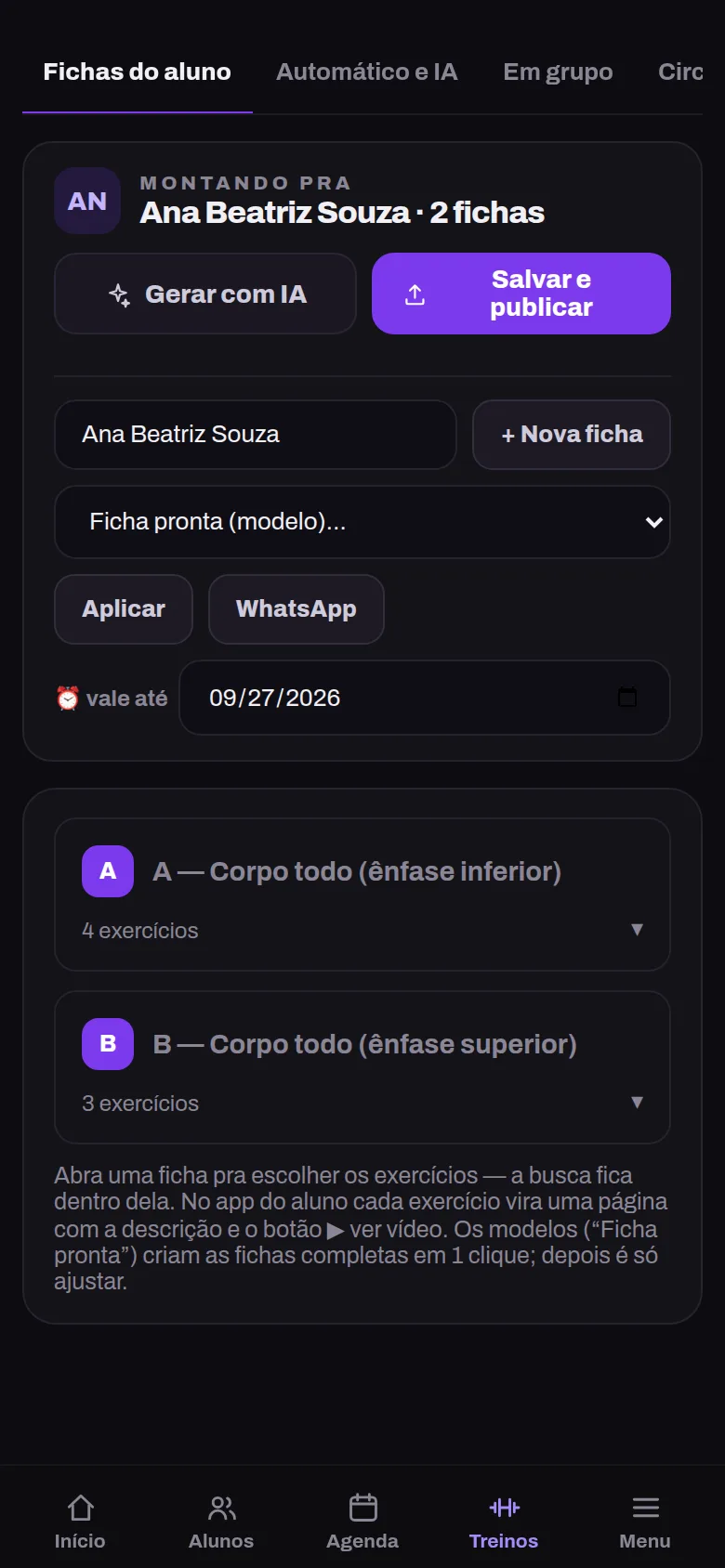 Painel do personal para planejar e revisar treinos